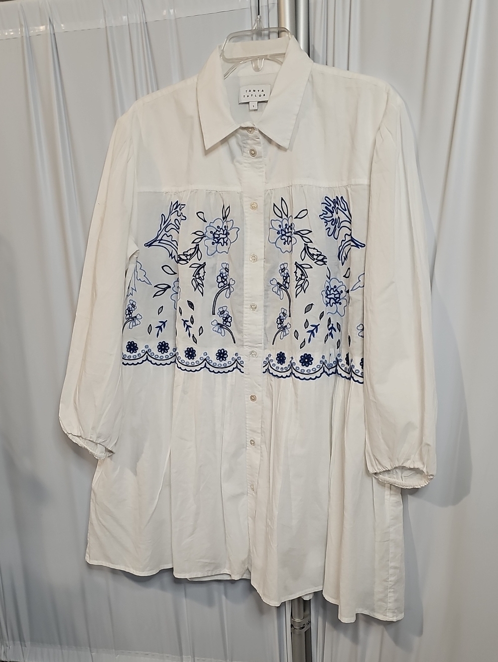 Tanya Taylor Pippa Mini Dress White Cotton Front Button Blue Floral Embroidered